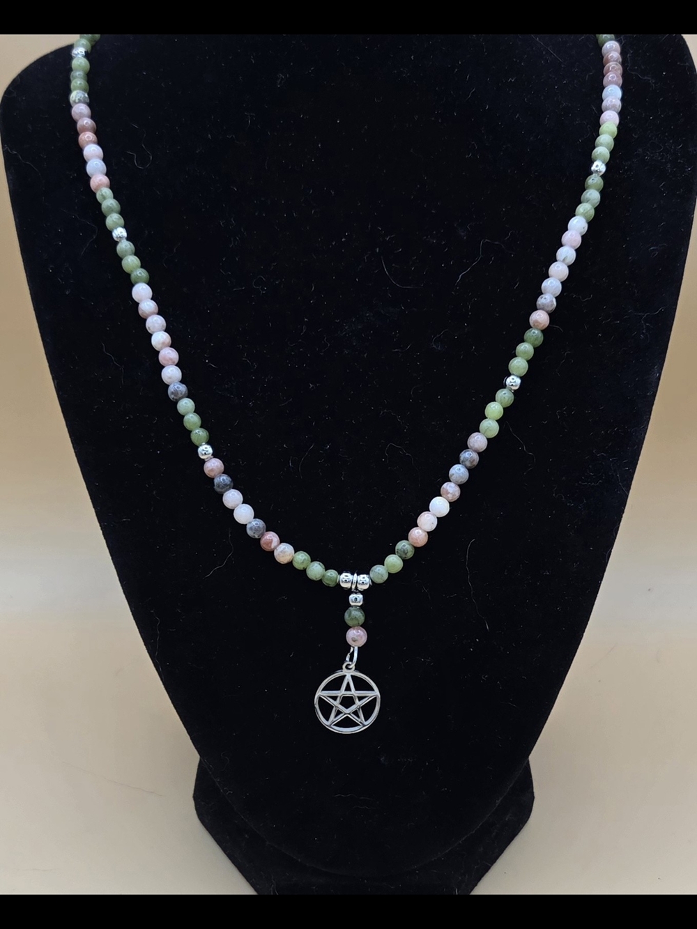 Green Jade, Plum Blossom Jasper and Stainless Steel Necklace Pentagram Pendant